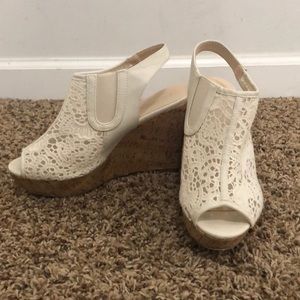 White lace peep toe wedges
